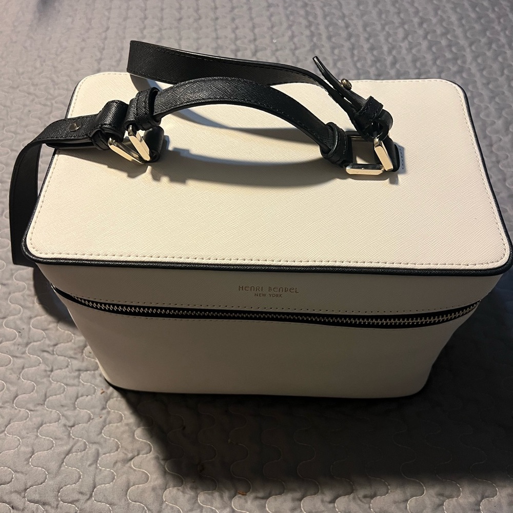 henri bendel Brown and White Striped Canvas Crossbody with Gold Logo